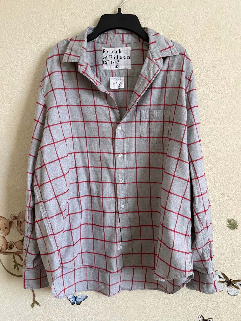 NWT Frank & Eileen Eileen grey red windowpane cashmere touch shirt L